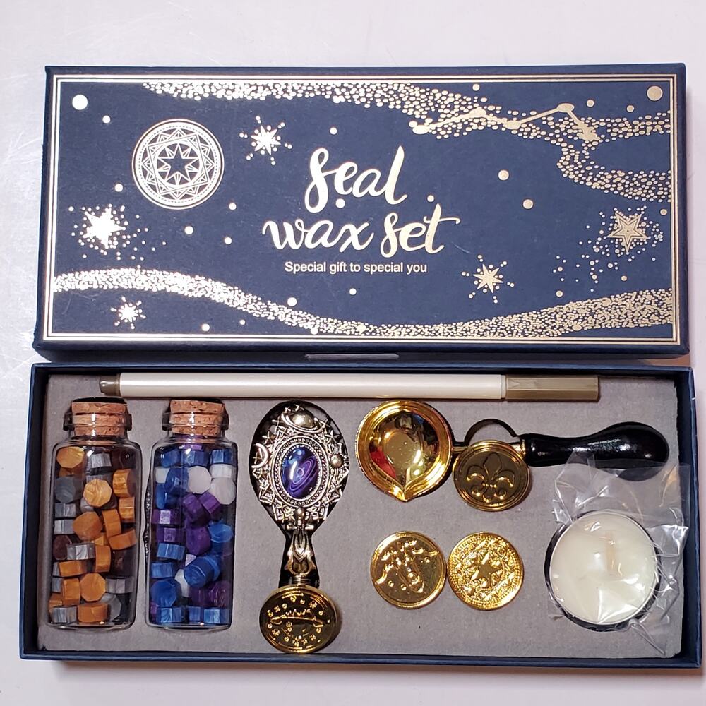 Wax Seal Stamp Kit, Sealing Wax Stamp Gift Boxes Set with 4 Seals, Wax Beads